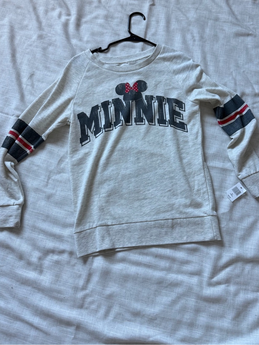 Disney Parks Minnie Women’s Light Gray Sweatshirt with Stripe Sleeves